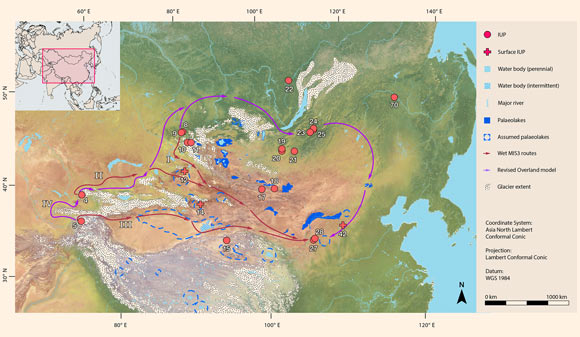 Illustrated dispersal routes from the results of the Least Cost Path analysis: the three routes from the ‘wet’ simulations and the single route from the ‘dry’ simulation are presented together in conjunction with paleoclimatic extents (glaciers and paleolakes). I - ‘Altai’ route, II - ‘Tian Shan’ Route, III - ‘Tarim’ route, IV - “Revised Overland’ route. Image credit: Li et al, doi: 10.1371/journal.pone.0216433.