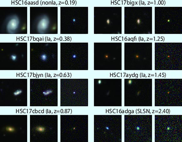Supernovae discovered by Yasuda et al: there are three images for each supernova -- for before it exploded (left), after it exploded (middle), and the supernova itself. Image credit: Yasuda et al, doi: 10.1093/pasj/psz050.