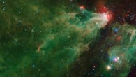 This Spitzer image shows the Cepheus C and Cepheus B regions. The image was compiled using data from Spitzer’s Infrared Array Camera (IRAC) and the Multiband Imaging Photometer (MIPS). The colors correspond with IRAC wavelengths of 3.6 microns (blue), 4.5 microns (cyan) and 8 microns (green), and 24 microns (red) from the MIPS instrument. Image credit: NASA / JPL-Caltech.