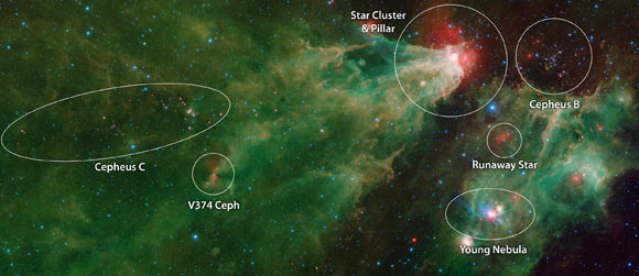 An annotated mosaic of the Cepheus C and Cepheus B regions. Image credit: NASA / JPL-Caltech.