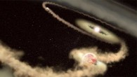 This artist’s illustration shows two gas giant exoplanets orbiting the young star PDS 70. Image credit: J. Olmsted, STScI.