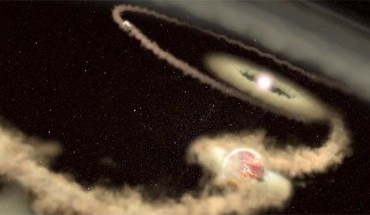 This artist’s illustration shows two gas giant exoplanets orbiting the young star PDS 70. Image credit: J. Olmsted, STScI.