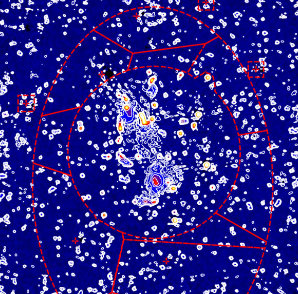 LOFAR image centered on the Abell 0399-Abell 0401 system; color and contours show the radio emission at 140 MHz; the faceting of the field is shown with red lines. Image credit: Govoni et al, doi: 10.1126/science.aat7500.