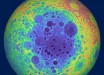 The South Pole-Aitken Basin on the lunar far side is one of the largest and oldest impact features in the Solar System. It’s easily seen in the elevation data. The low center is dark blue and purple. Mountains on its edge, remnants of outer rings, are red and yellow. Image credit: NASA / GSFC / University of Arizona.