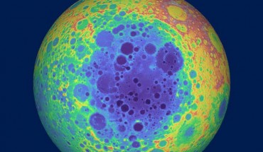 The South Pole-Aitken Basin on the lunar far side is one of the largest and oldest impact features in the Solar System. It’s easily seen in the elevation data. The low center is dark blue and purple. Mountains on its edge, remnants of outer rings, are red and yellow. Image credit: NASA / GSFC / University of Arizona.