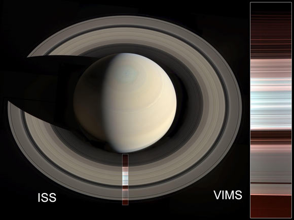 The false-color image at right shows spectral mapping of Saturn’s A, B and C rings, captured by Cassini’s Visible and Infrared Mapping Spectrometer (VIMS). It displays an infrared view of the rings, rather than an image in visible light. The blue-green areas are the regions with the purest water ice and/or largest grain size (primarily the A and B rings), while the reddish color indicates increasing amounts of non-icy material and/or smaller grain sizes (primarily in the C ring and Cassini Division). At left, the same image is overlaid on a natural-color mosaic of Saturn taken by Cassini’s Imaging Science Subsystem (ISS). Image credit: NASA / JPL-Caltech / Space Science Institute / G. Ugarkovic / University of Arizona / CNRS / LPG-Nantes.