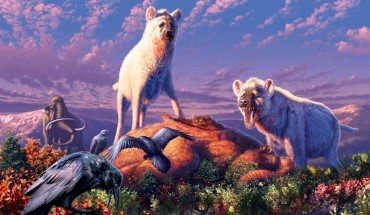 An artist’s rendering of ancient Arctic hyenas belonging to the genus Chasmaporthetes. Image credit: Julius T. Csotonyi.