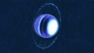 Composite image of Uranus’ atmosphere and rings at radio wavelengths, taken with the ALMA in December 2017. Dark bands in Uranus’ atmosphere at these wavelengths show the presence of radiowave-absorbing molecules, in particular hydrogen sulfide gas, whereas bright regions like the north polar spot contain very few of these molecules. Image credit: ALMA / ESO / NAOJ / NRAO / E. Molter and I. de Pater.
