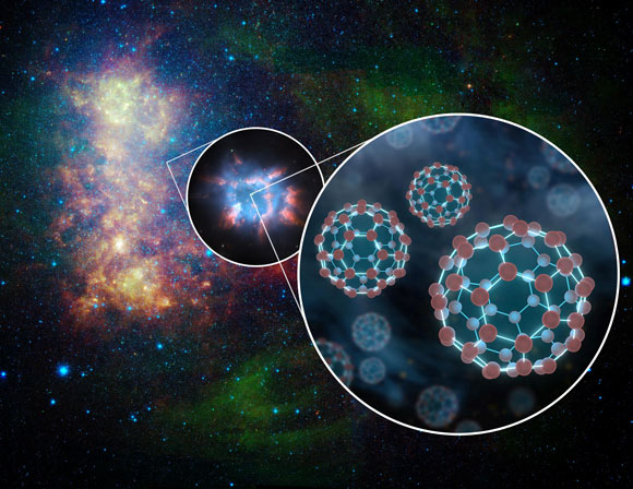 An artist’s concept depicting the presence of buckyballs in space. Image credit: NASA / JPL-Caltech