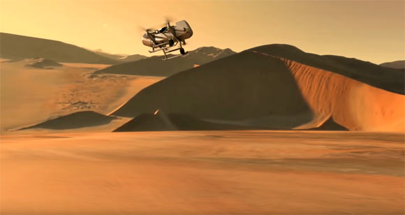 This illustration shows NASA’s Dragonfly rotorcraft-lander approaching a site on Titan. Image credit: NASA / JHU-APL.