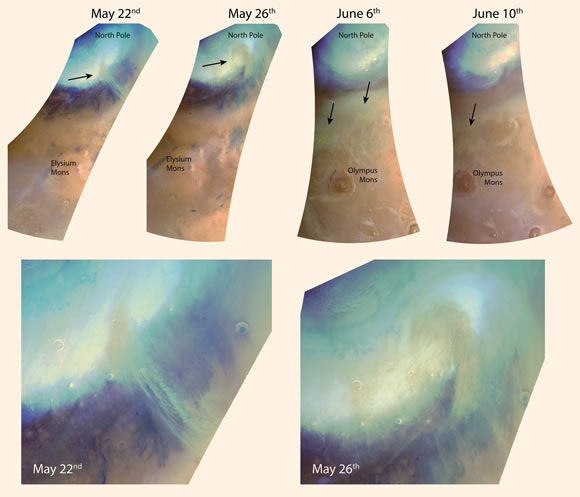 Between late May and early June 2019, several different irregular- and spiral-shaped dust storms were seen to be building up at the north polar ice cap of Mars. The images shown here were taken by the High Resolution Stereo Camera onboard ESA’s Mars Express when the spacecraft was at an altitude of 6,214 miles (10,000 km). The long image strips cover an area of 1,243 by 3,107 miles (2,000 by 5,000 km), extending from the north pole equatorward to the large volcanoes Olympus Mons and Elysium Mons. The montage of images shows three different storms developing on May 22, May 26, and June 6. In the latter case, the cameras watched the storm evolve until June 10, as it moved southward towards the volcanoes. Wispy patches of light-colored clouds can be seen at the outer margin of the polar cap and also several thousand miles away, close to the Elysium volcanoes. At the same time, wispy clouds can be seen along the edge of the ice cap, and also further south (left) around the large volcanoes. The dark patches are the result of dust blown volcanic material on the surface. Image credit: ESA / DLR / FU Berlin.