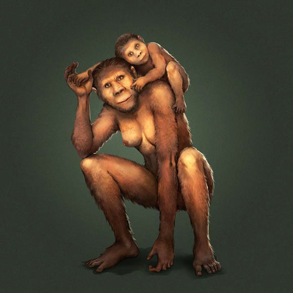 Australopithecus africanus, a mother with an infant. Image credit: Jose Garcia & Renaud Joannes-Boyau, Southern Cross University.