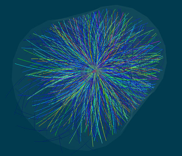 One of the first collisions of lead ions recorded by the ALICE detector. Image credit: ALICE Collaboration / CERN.