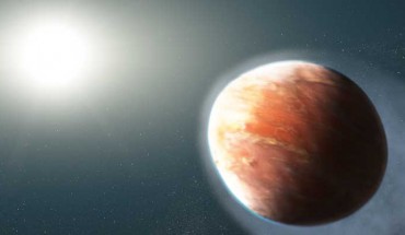 This artist’s illustration shows WASP-121b, an alien world that is losing magnesium and iron gas from its atmosphere. Image credit: NASA / ESA / J. Olmsted, STScI.
