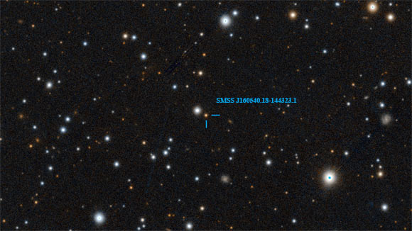 This image shows the ultra-metal-poor star SMSS J160540.18-144323.1. Image credit: Centre de Données astronomiques de Strasbourg / SIMBAD / PanSTARRS.