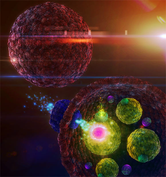 Hindley et al created artificial cells that sense calcium ions and respond by fluorescing. Image credit: Zehua Hu / Imperial College London.
