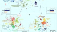 Park et al revealed large-scale associations between industries and people across the globe: (a) the large-scale organization of geo-industrial clusters in the labor flow network; each circle represents a geo-industrial cluster, with size proportional to its number of employees; the colors represent the highest-level community membership; (b-e) two examples of hierarchical sub-structures in the labor flow network are illustrated; each circle represents a firm and the bar charts show the reduction in industry and region entropy within the cluster as a proportion of the parent cluster’s entropy: (b, c) the organization of banking and financial geo-industrial clusters are affected more by industries than geography; (d, e) the geo-industrial clusters in U.S. Midwest and South region form strong geographical clusters. Image credit: Park et al, doi: 10.1038/s41467-019-11380-w.