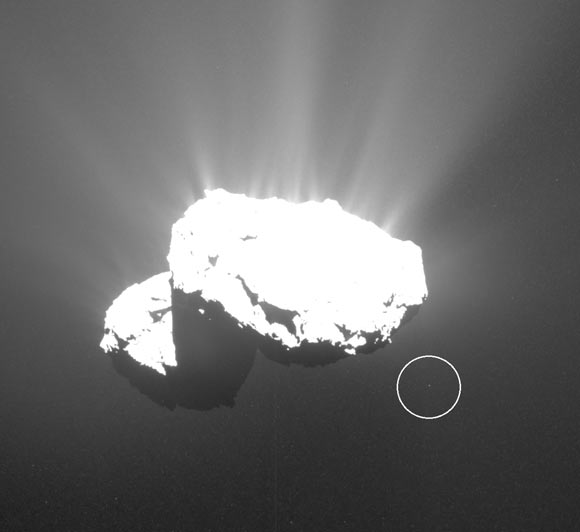 Comet 67P/Churyumov-Gerasimenko and Churymoon (circled). Image credit: ESA / Rosetta / MPS / OSIRIS / UPD / LAM / IAA / SSO / INTA / UPM / DASP / IDA / J. Roger.