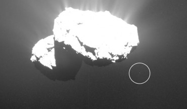 Comet 67P/Churyumov-Gerasimenko and Churymoon (circled). Image credit: ESA / Rosetta / MPS / OSIRIS / UPD / LAM / IAA / SSO / INTA / UPM / DASP / IDA / J. Roger.