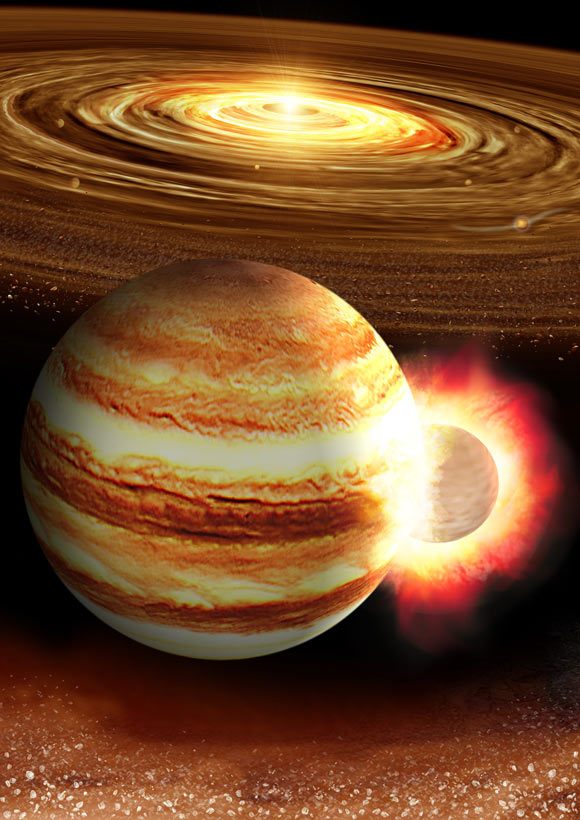 An artist’s impression of a collision between the proto-Jupiter and a massive protoplanet in the early Solar System. Image credit: K. Suda & Y. Akimoto, Mabuchi Design Office / Astrobiology Center, Japan.