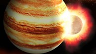 An artist’s impression of a collision between the proto-Jupiter and a massive protoplanet in the early Solar System. Image credit: K. Suda & Y. Akimoto, Mabuchi Design Office / Astrobiology Center, Japan.