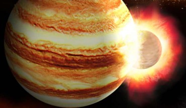 An artist’s impression of a collision between the proto-Jupiter and a massive protoplanet in the early Solar System. Image credit: K. Suda & Y. Akimoto, Mabuchi Design Office / Astrobiology Center, Japan.