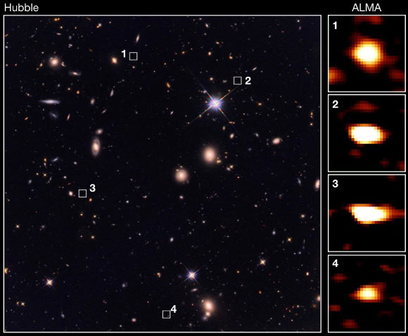 Massive and dusty star-forming galaxies are visible to ALMA (right), but invisible to Hubble (left). Image credit: Wang et al.