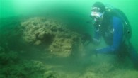 Historian Dan Snow inspecting the 8,000-year-old wooden platform off the coast of the Isle of Wight, UK. Image credit: Maritime Archaeological Trust.