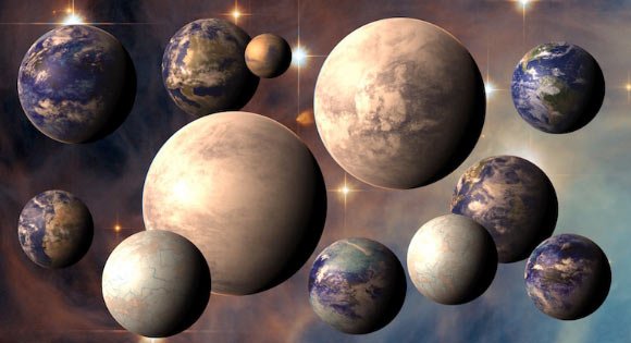 An artist’s rendering of potentially habitable exoplanets, plus Earth (top right) and Mars (top center). Image credit: PHL@UPR Arecibo, phl.upr.edu / NASA / ESA / Hubble.