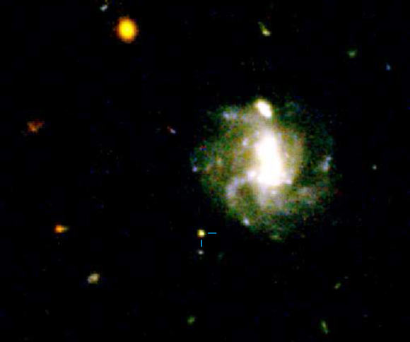 GRB 160821B occurred in the outskirts of a spiral galaxy about two billion light-years away, at a projected offset of 52,185 light-years from the galaxy’s center. Image credit: Troja et al, doi: 10.1093/mnras/stz2255.