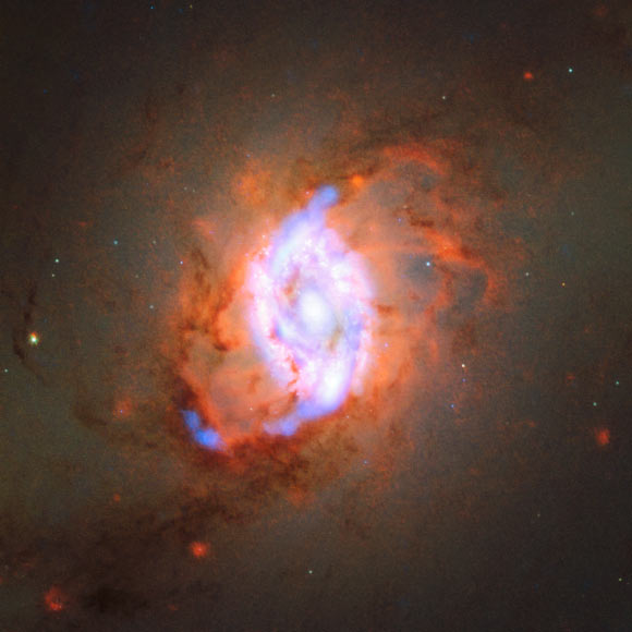 This image, which combines data from ALMA, Hubble and MUSE, shows the barred spiral galaxy Messier 95. Image credit: ESO / R. Leaman / D. Gadotti / K. Sandstrom / D. Calzetti.