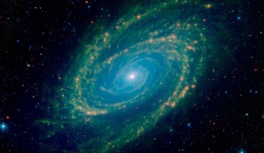 This infrared image taken by NASA’s Spitzer Space Telescope shows a spiral galaxy called Messier 81. Image credit: NASA / JPL-Caltech.