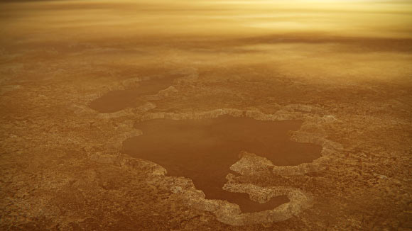 This artist’s concept of a lake at the north pole of Titan illustrates raised rims and rampartlike features such as those seen by NASA’s Cassini spacecraft around the moon’s Winnipeg Lacus. New research using Cassini radar data and modeling proposes that lake basins like these are likely explosion craters, which could have formed when liquid molecular nitrogen deposits within the crust warmed and quickly turned to vapor, blowing holes in the moon’s crust. This would have happened during a warming event (or events) that occurred in a colder, nitrogen-dominated period in Titan’s past. The study may provide evidence of these cold periods in Titan’s past, followed by a relative warming to conditions like those of today. Although Titan is frigid compared to Earth, methane in the atmosphere provides a greenhouse effect that warms the moon’s surface. Image credit: NASA / JPL-Caltech.