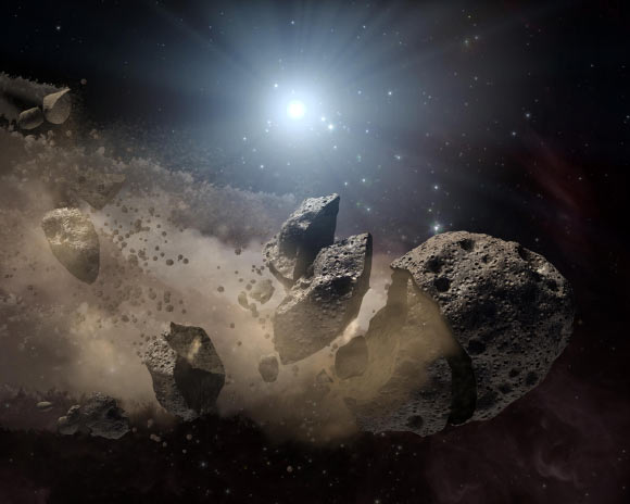 The breakup of a giant asteroid in the main asteroid belt. Image credit: NASA / JPL-Caltech.
