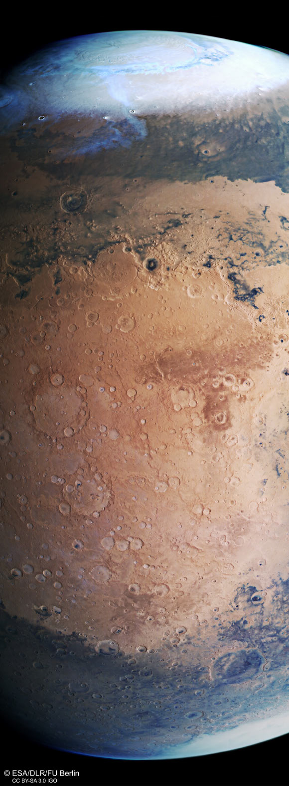 This image from ESA’s Mars Express shows a beautiful slice of the Red Planet from the northern polar cap downwards, and highlights cratered, pockmarked swathes of the Terra Sabaea and Arabia Terra regions. It comprises data gathered on June 17, 2019. This image was created using data from the nadir and color channels of Mars Express’ High Resolution Stereo Camera. The nadir channel is aligned perpendicular to the surface of Mars, as if looking straight down at the surface. North is up. Image credit: ESA / DLR / FU Berlin.