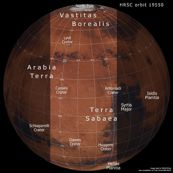 This image shows a slice of Mars from the northern polar cap downwards, and highlights cratered, pockmarked swathes of the Terra Sabaea and Arabia Terra regions. Image credit: NASA / Viking / FU Berlin.