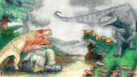 An artist’s reconstruction of two rauisuchians fighting over a desiccated corpse of a mammal-relative in the Triassic of southern Africa. In the background, dinosaurs and mammal-like reptiles form other parts of the ecosystem. Image credit: Viktor Radermacher.