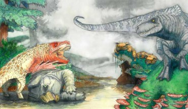 An artist’s reconstruction of two rauisuchians fighting over a desiccated corpse of a mammal-relative in the Triassic of southern Africa. In the background, dinosaurs and mammal-like reptiles form other parts of the ecosystem. Image credit: Viktor Radermacher.