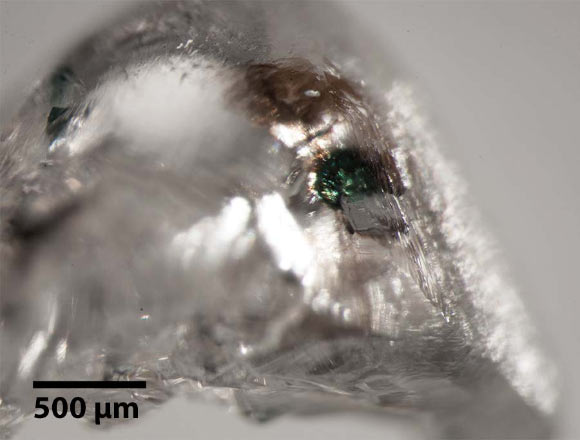 Broken and rounded dodecahedral diamond from the Koffiefontein kimberlite pipe that hosted goldschmidtite; the mineral is seen in green and radiation damage of the diamond can be seen in the brown regions. Image credit: Meyer et al, doi: 10.2138/am-2019-6937.