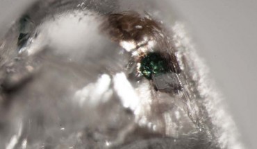 Broken and rounded dodecahedral diamond from the Koffiefontein kimberlite pipe that hosted goldschmidtite; the mineral is seen in green and radiation damage of the diamond can be seen in the brown regions. Image credit: Meyer et al, doi: 10.2138/am-2019-6937.