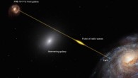 An artist’s impression of FRB 181112 traveling through the halo of a massive galaxy 4 billion light-years from Earth. Image credit: M. Kornmesser / ESO.