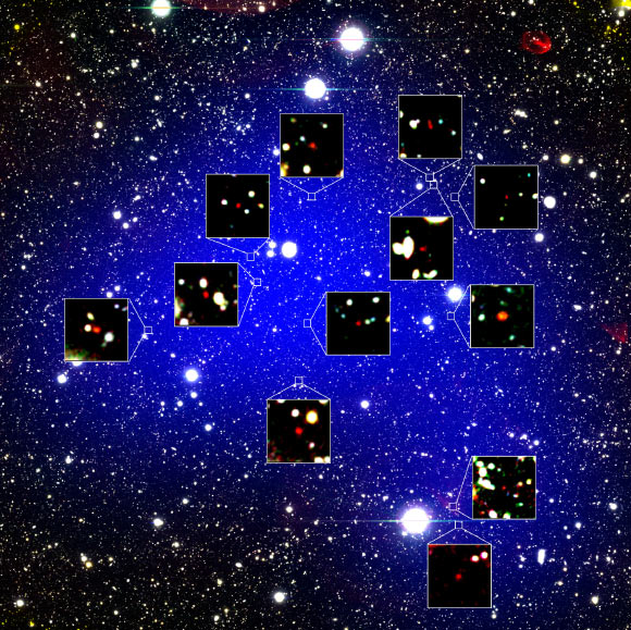 The z66OD protocluster: the blue shading shows the calculated extent of the protocluster, and the bluer color indicates higher density of galaxies in the protocluster; the red objects in zoom-in figures are the 12 galaxies found in it. Image credit: NAOJ / Harikane et al.
