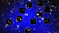 The z66OD protocluster: the blue shading shows the calculated extent of the protocluster, and the bluer color indicates higher density of galaxies in the protocluster; the red objects in zoom-in figures are the 12 galaxies found in it. Image credit: NAOJ / Harikane et al.