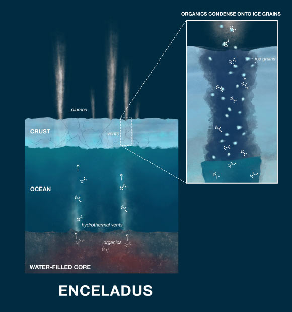 This illustration shows how newly-discovered low-mass nitrogen-, oxygen-bearing, and aromatic compounds were detected by NASA’s Cassini spacecraft in the ice grains emitted from Enceladus. Powerful hydrothermal vents eject material from Enceladus' core into the moon’s massive subsurface ocean. After mixing with the water, the material is released into space as water vapor and ice grains. Image credit: NASA / JPL-Caltech.