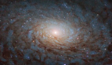 This Hubble image reveals a detailed view of part of the disk of the spiral galaxy NGC 4380. The image is made up of observations from Hubble’s Wide Field Camera 3 (WFC3) in the infrared and optical parts of the spectrum. It is based on data obtained through three filters. The color results from assigning different hues to each monochromatic image associated with an individual filter. Image credit: NASA / ESA / Hubble / P. Erwin.