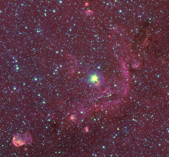 This image from NASA’s Spitzer Space Telescope shows the yellow hypergiant HR 5271A. Image credit: A. Lobel / NASA / Spitzer Space Telescope / IRAC.