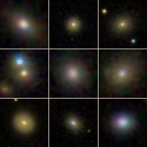 Dwarf galaxies hosting active galactic nuclei that have spatially extended outflows. Image credit: Sloan Digital Sky Survey.