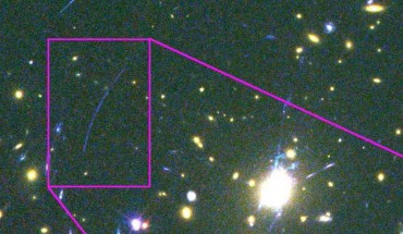 False-color and X-ray images of the giant arc in SPT-CLJ2344-4243: the X-ray-emitting giant arc is shown relative to the center of the foreground lensing galaxy cluster in a false-color image at optical wavelengths; the inset shows Chandra X-ray (left) and Hubble optical (right) images of the giant arc at a scale 1.5 times larger; the optical colors here are given by Hubble imaging data in the F850LP (red), F775W (green) and F475W (blue) filters; two magenta circles indicate the locations of the X-ray emission from the giant arc in both inset panels; the lensing geometry of the giant arc is a pair of merging images, where the lower and upper halves of the arc are each a single image with mirror symmetry. Image credit: Bayliss et al, doi: 10.1038/s41550-019-0888-7.