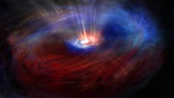 An artist’s impression of the center of the barred spiral galaxy Messier 77. ALMA discovered two counter-rotating flows of gas around the black hole. The colors in this image represent the motion of the gas: blue is material moving toward us, red is moving away. Image credit: NRAO / AUI / NSF / S. Dagnello.