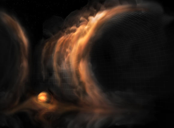 An artist’s impression of gas flowing like a waterfall into a protoplanetary disk gap, which is most likely caused by an infant planet. Image credit: NRAO / AUI / NSF / S. Dagnello.